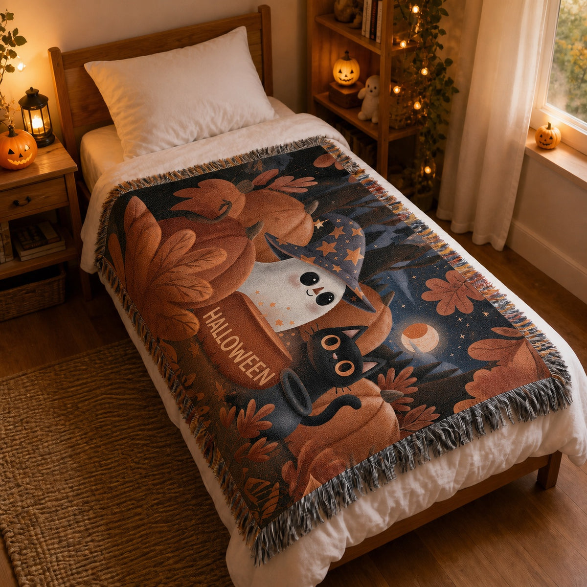 Cute Ghost and Black Cat Halloween Woven Blanket