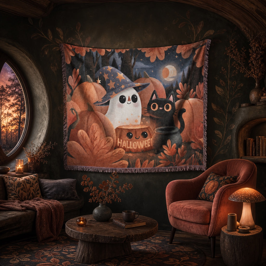 Cute Ghost and Black Cat Halloween Woven Blanket