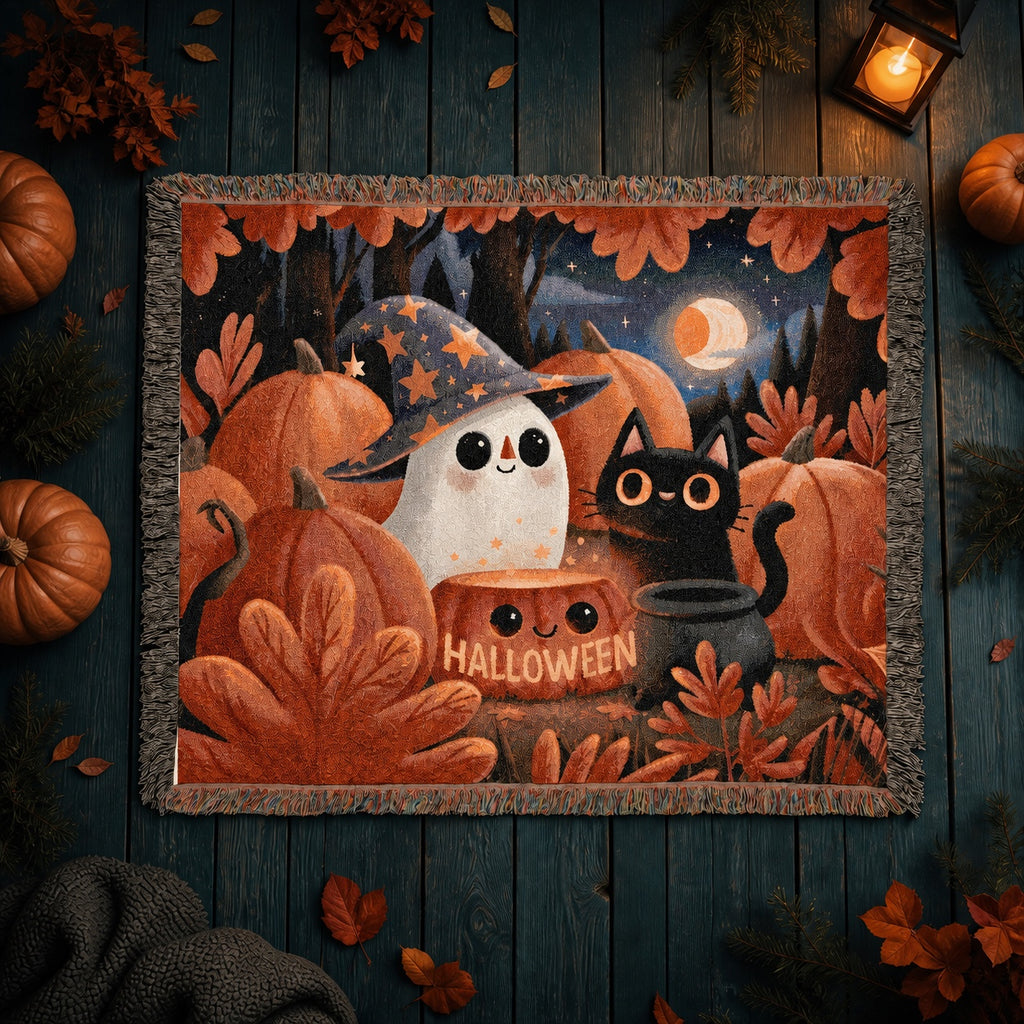 Cute Ghost and Black Cat Halloween Woven Blanket