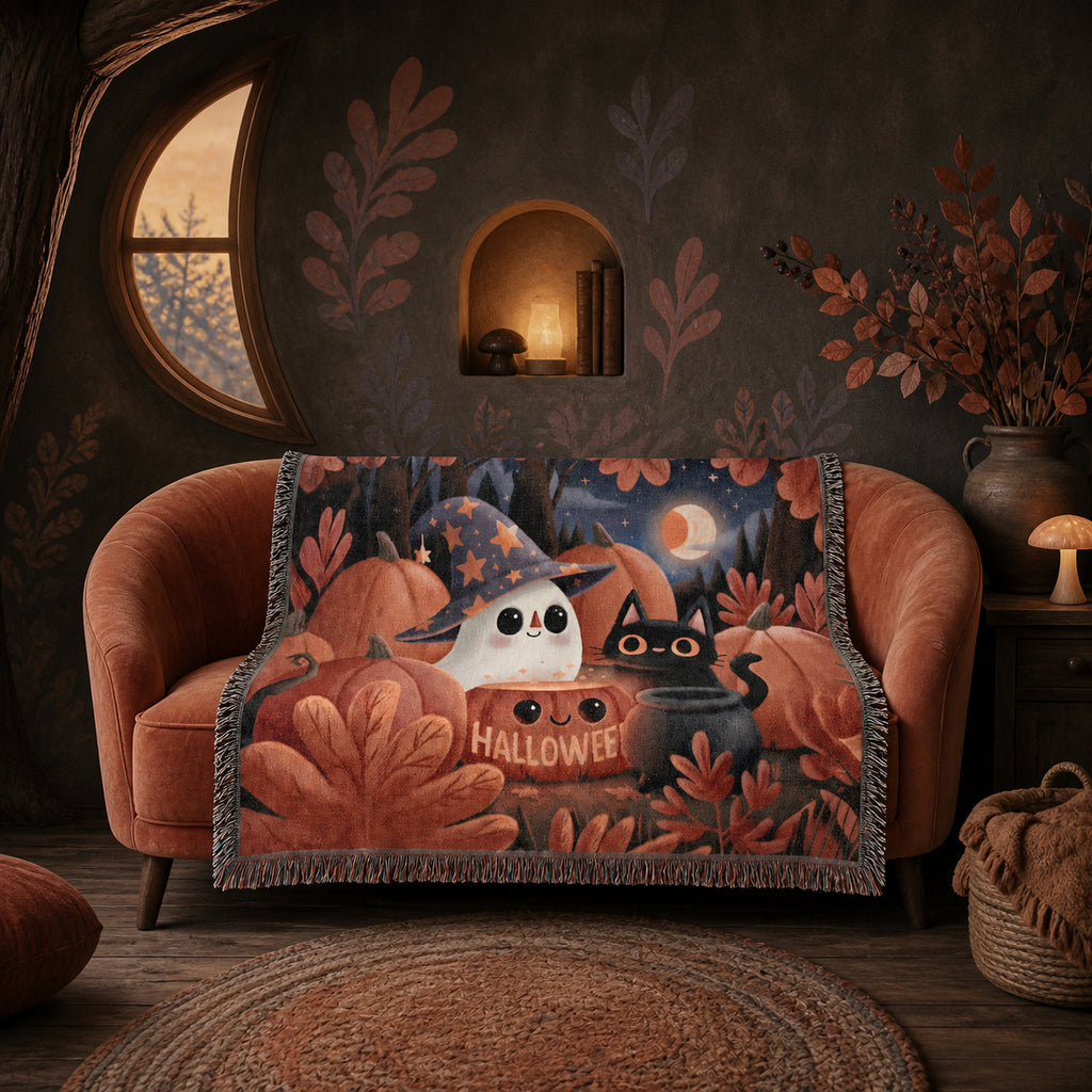 Cute Ghost and Black Cat Halloween Woven Blanket