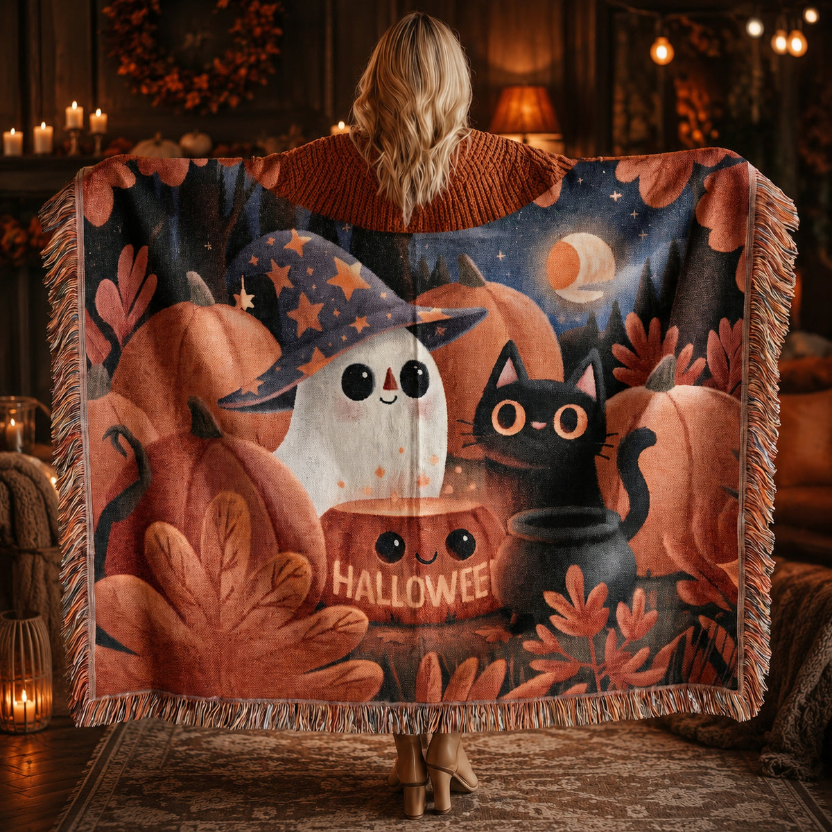 Cute Ghost and Black Cat Halloween Woven Blanket