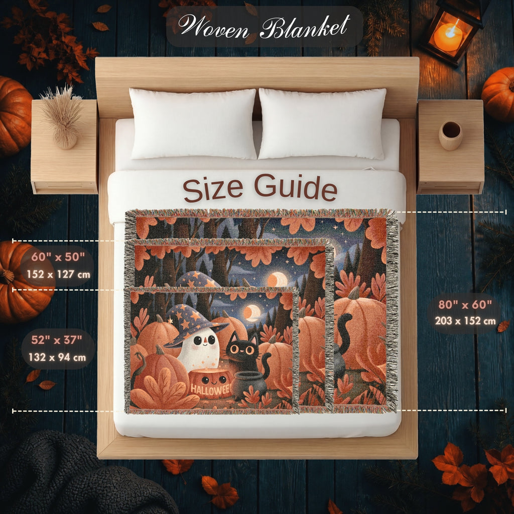 Cute Ghost and Black Cat Halloween Woven Blanket