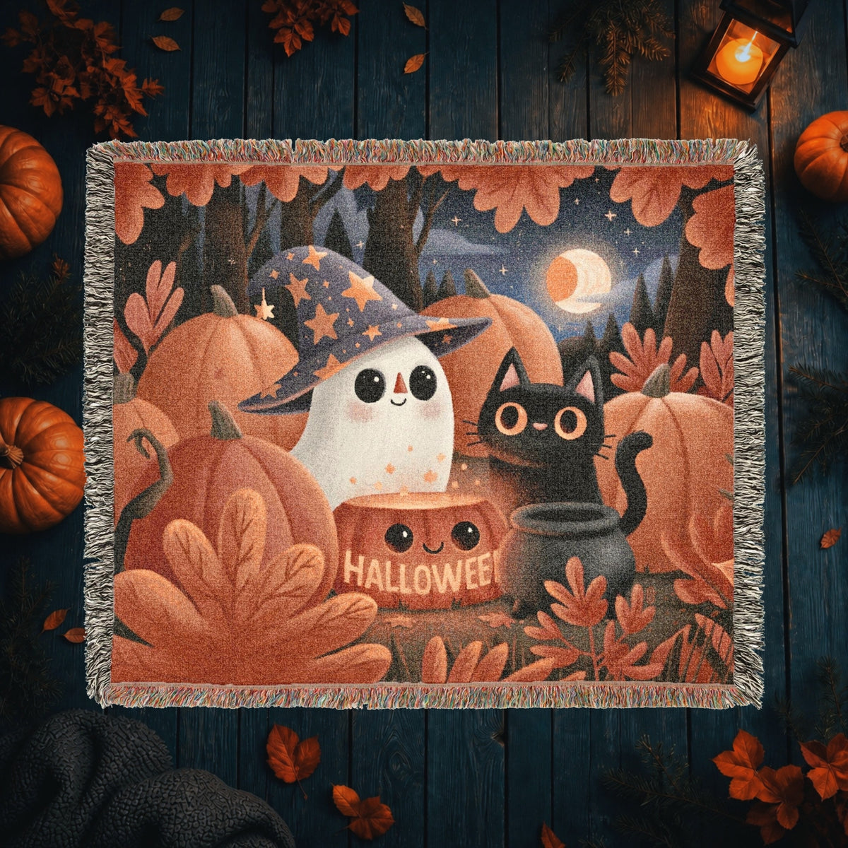 Cute Ghost and Black Cat Halloween Woven Blanket