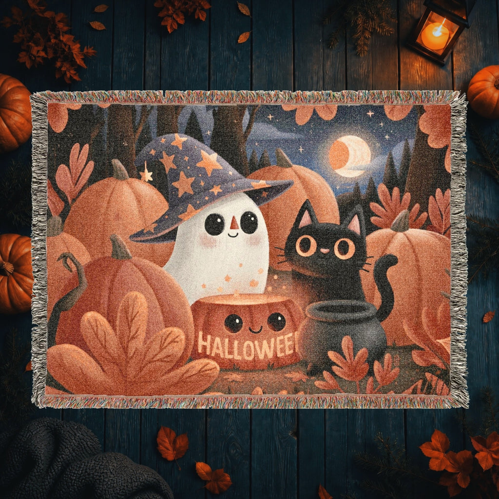 Cute Ghost and Black Cat Halloween Woven Blanket
