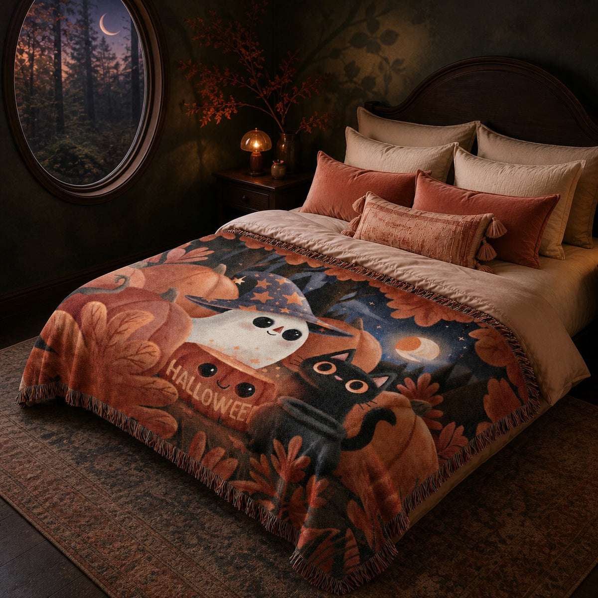Cute Ghost and Black Cat Halloween Woven Blanket