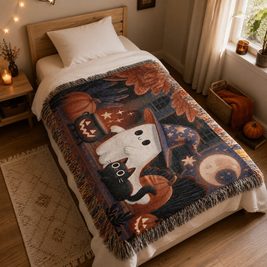 Cute Witch Ghost and Black Cat Halloween Woven Blanket