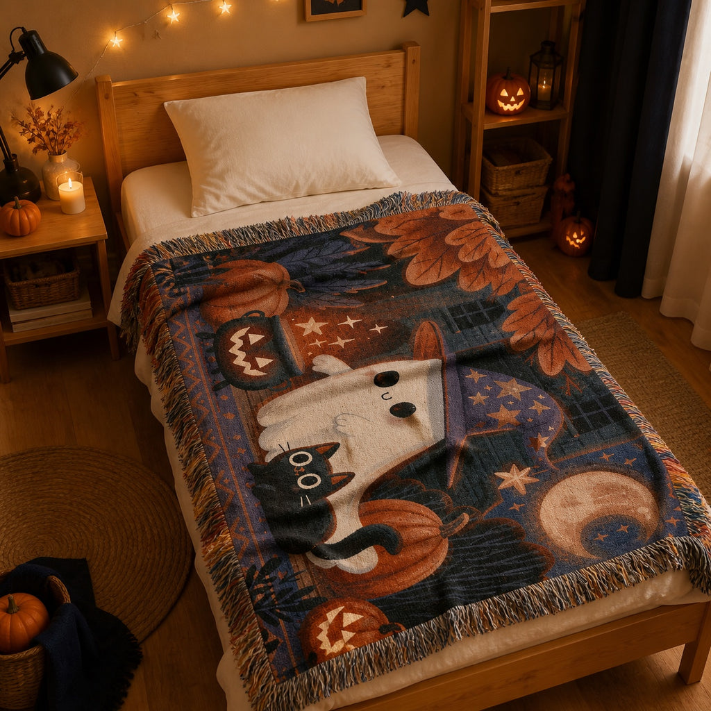 Cute Witch Ghost and Black Cat Halloween Woven Blanket