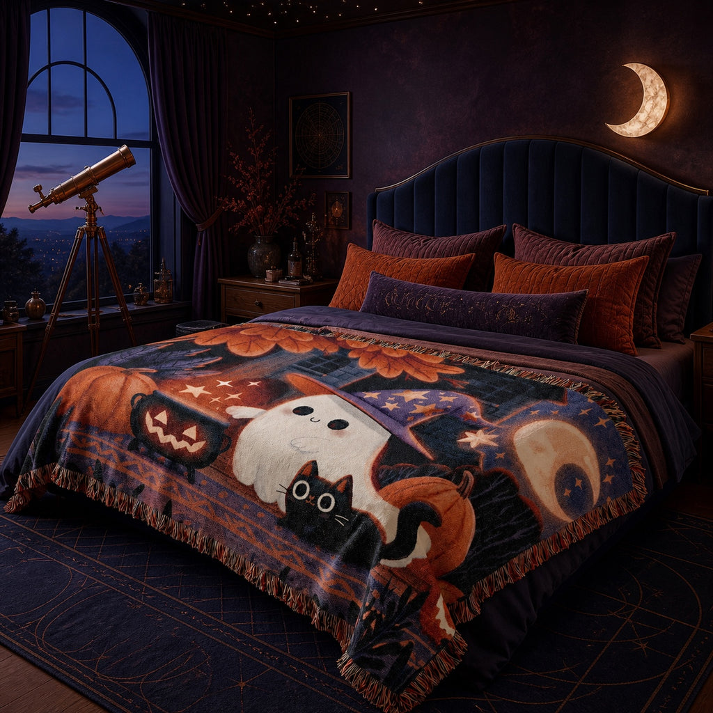 Cute Witch Ghost and Black Cat Halloween Woven Blanket