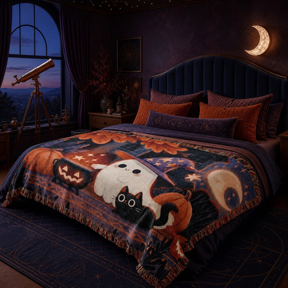 Cute Witch Ghost and Black Cat Halloween Woven Blanket