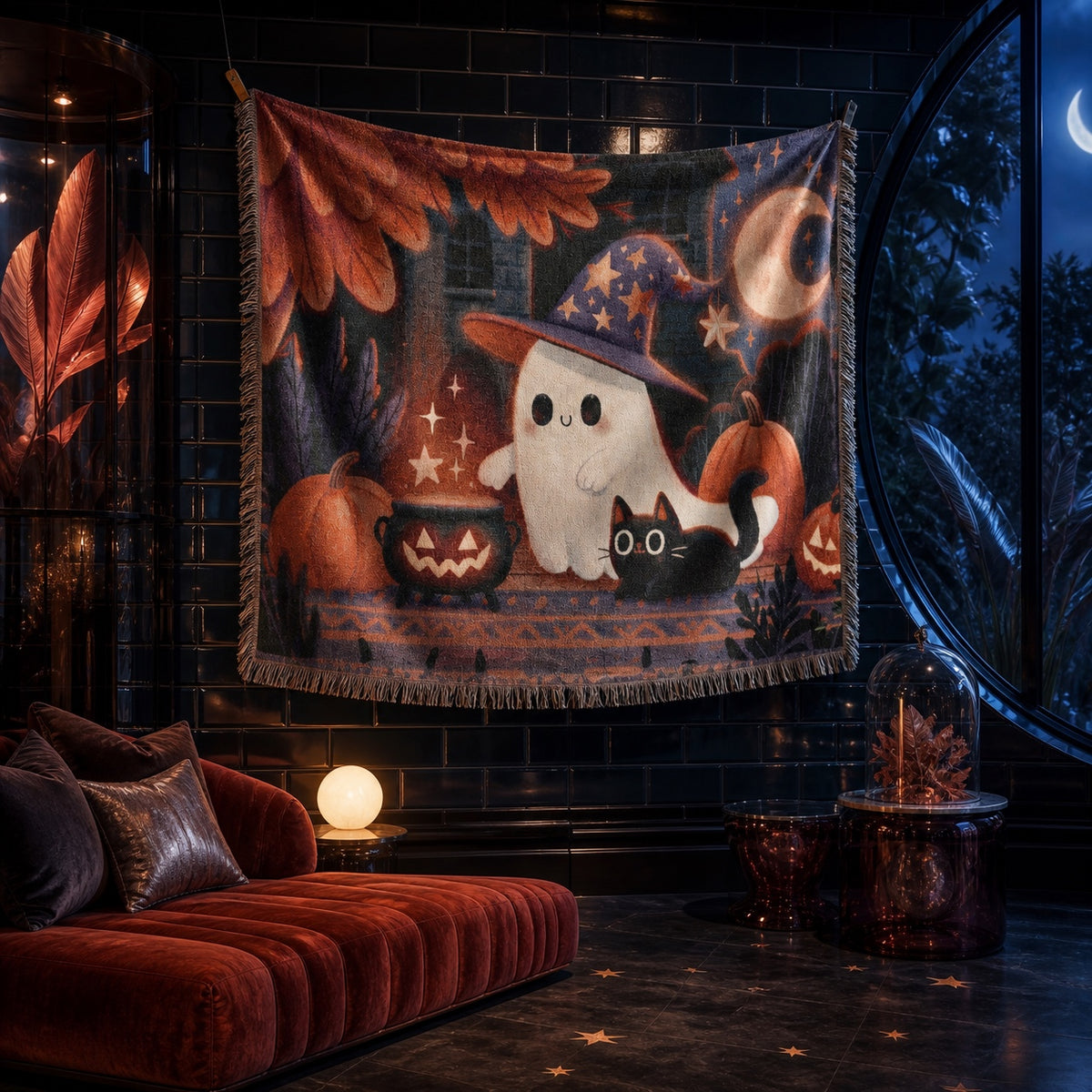Cute Witch Ghost and Black Cat Halloween Woven Blanket