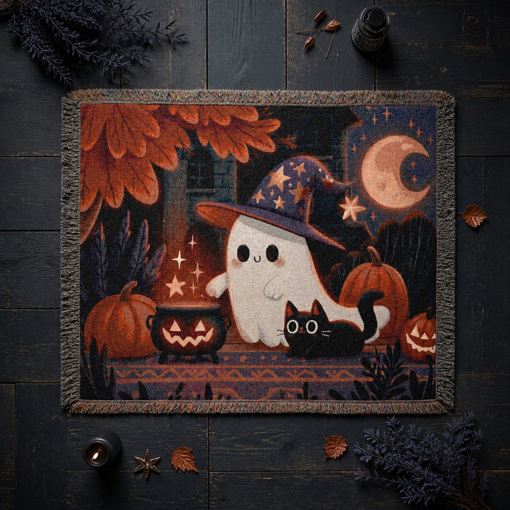 Cute Witch Ghost and Black Cat Halloween Woven Blanket