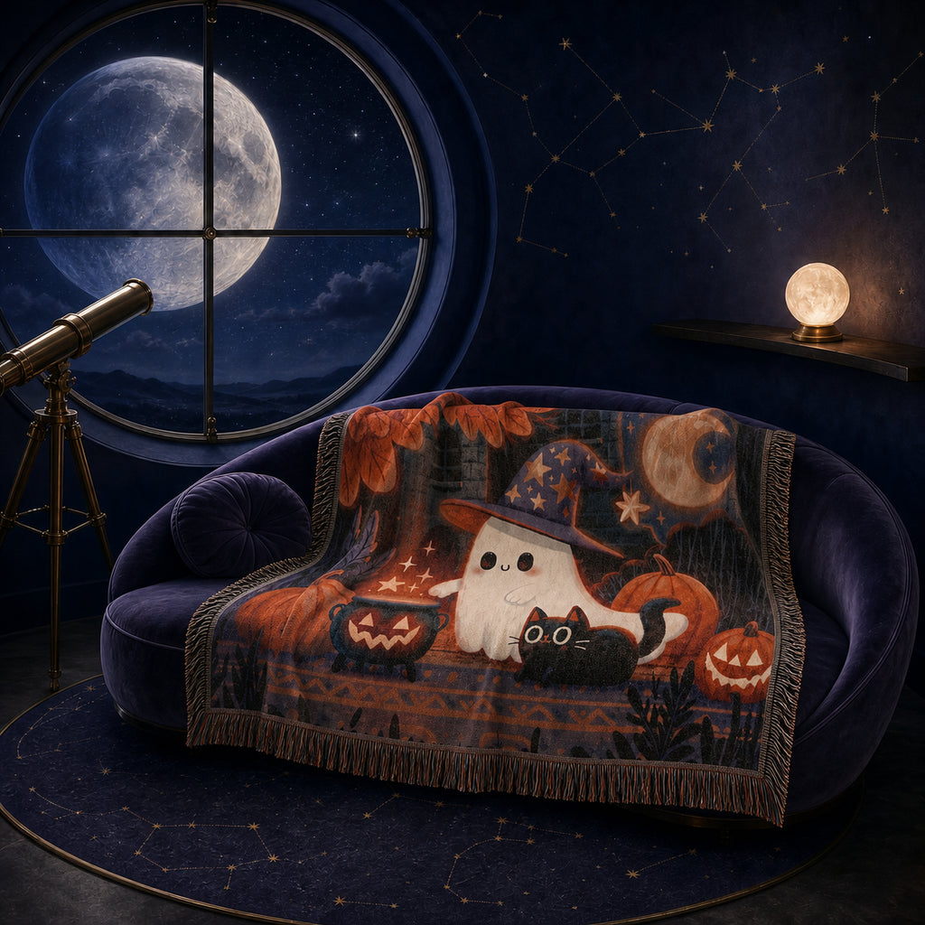 Cute Witch Ghost and Black Cat Halloween Woven Blanket