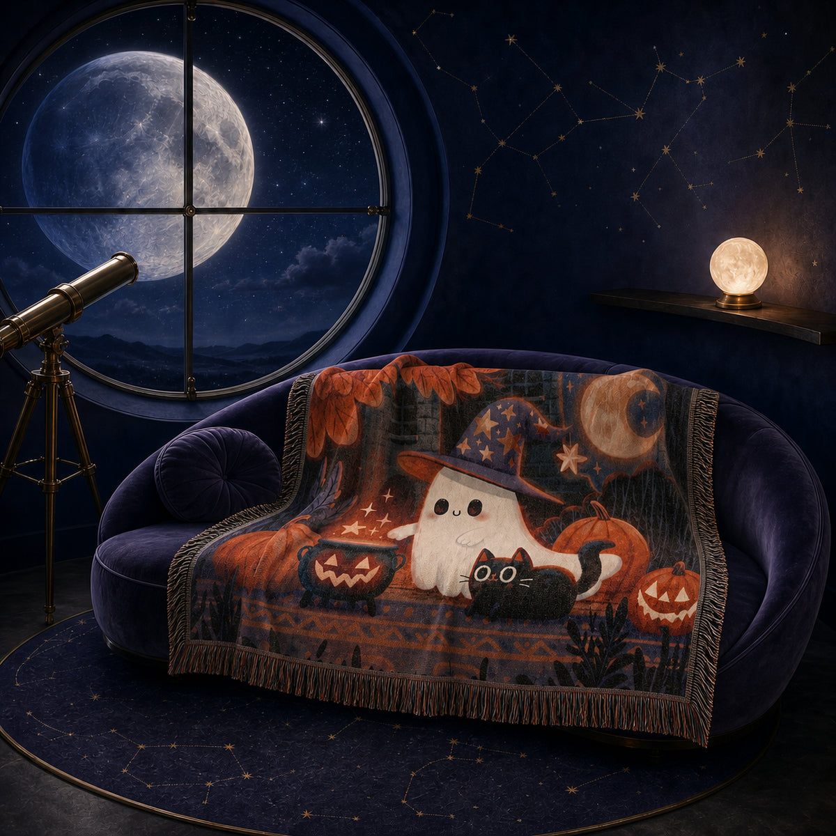 Cute Witch Ghost and Black Cat Halloween Woven Blanket