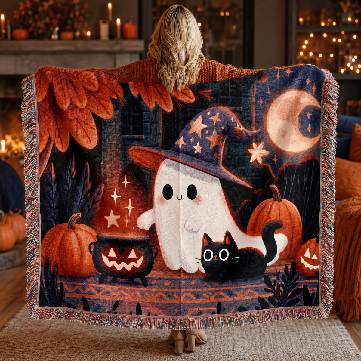 Cute Witch Ghost and Black Cat Halloween Woven Blanket