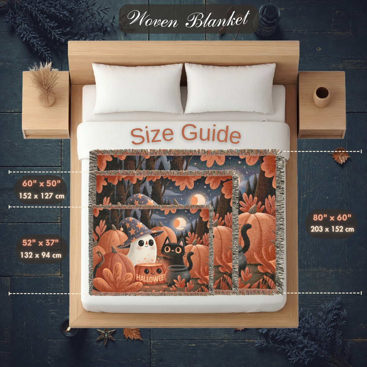Cute Witch Ghost and Black Cat Halloween Woven Blanket