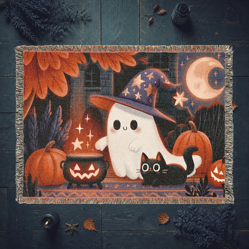 Cute Witch Ghost and Black Cat Halloween Woven Blanket