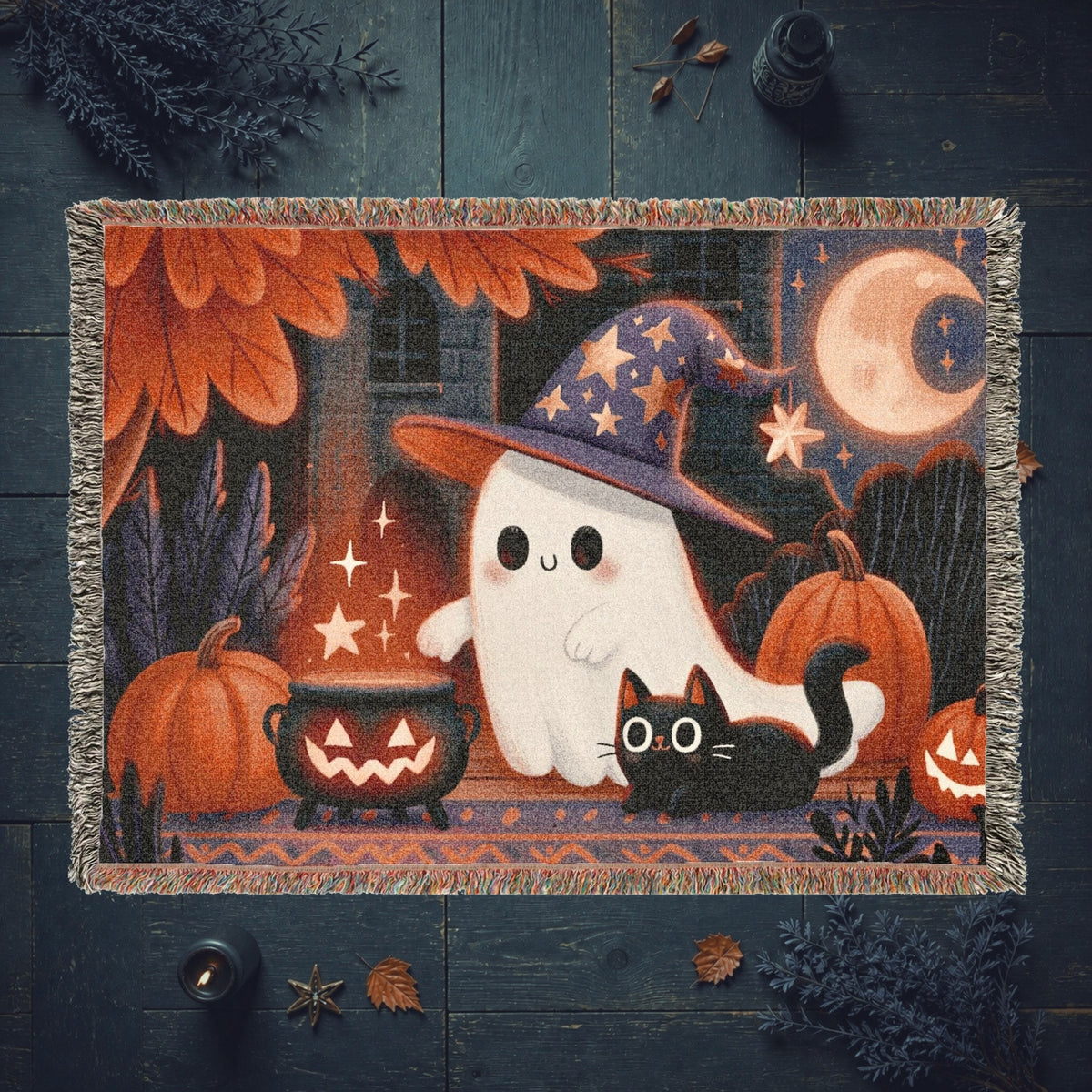 Cute Witch Ghost and Black Cat Halloween Woven Blanket
