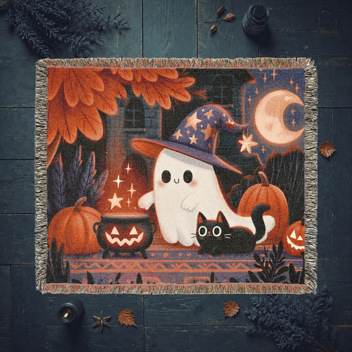 Cute Witch Ghost and Black Cat Halloween Woven Blanket