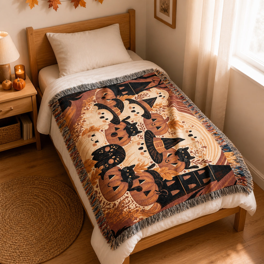 Cute Ghost and Pumpkin Halloween Woven Blanket