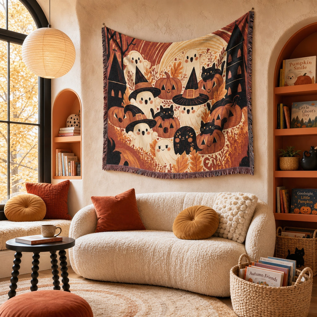 Cute Ghost and Pumpkin Halloween Woven Blanket