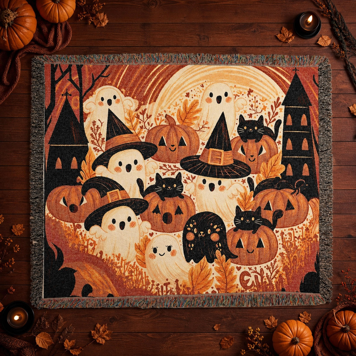 Cute Ghost and Pumpkin Halloween Woven Blanket