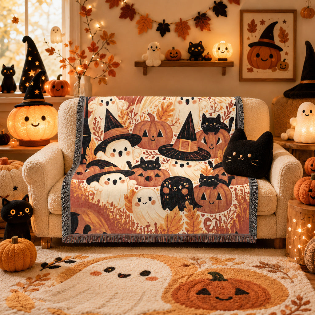 Cute Ghost and Pumpkin Halloween Woven Blanket