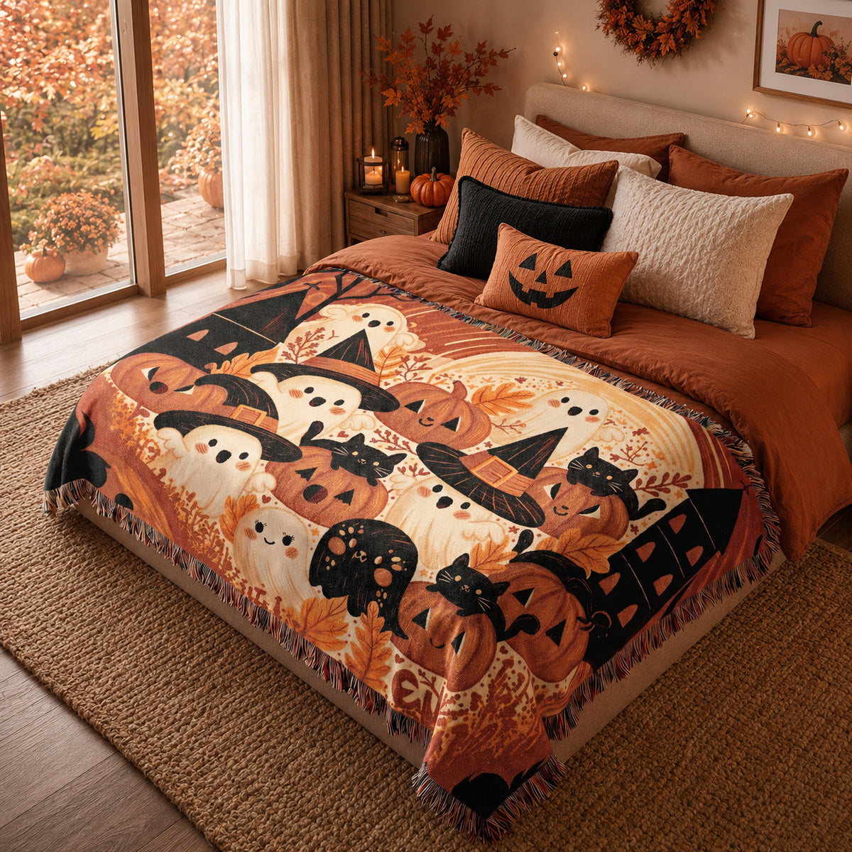 Cute Ghost and Pumpkin Halloween Woven Blanket