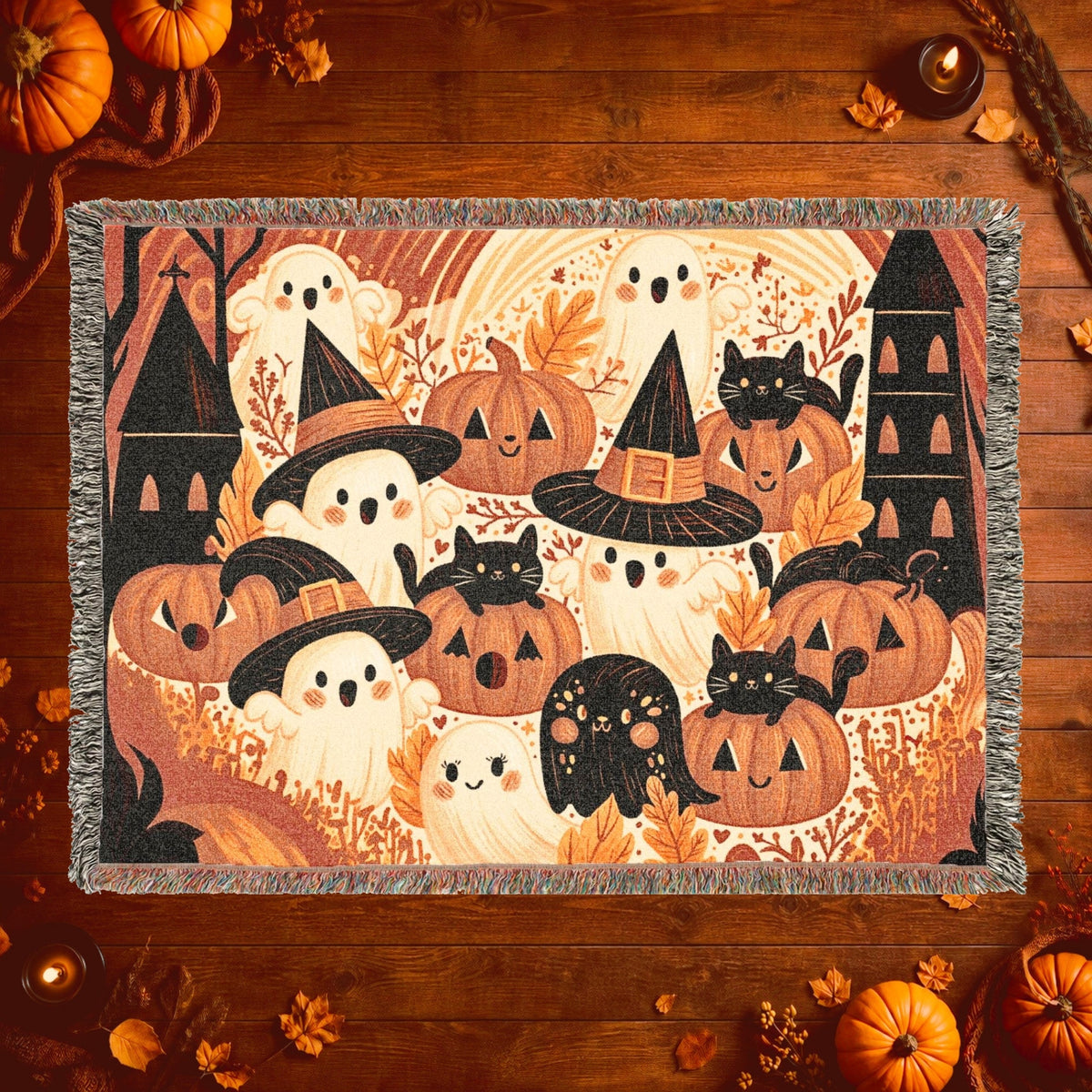 Cute Ghost and Pumpkin Halloween Woven Blanket