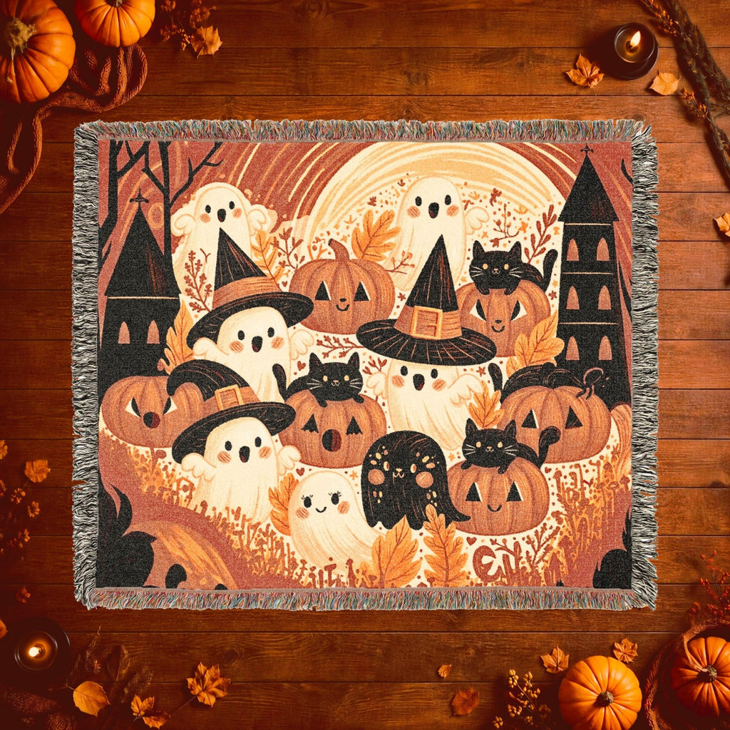 Cute Ghost and Pumpkin Halloween Woven Blanket