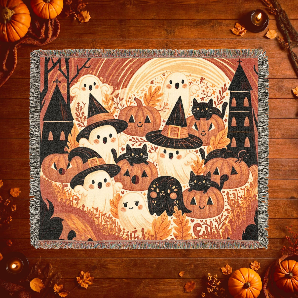 Cute Ghost and Pumpkin Halloween Woven Blanket