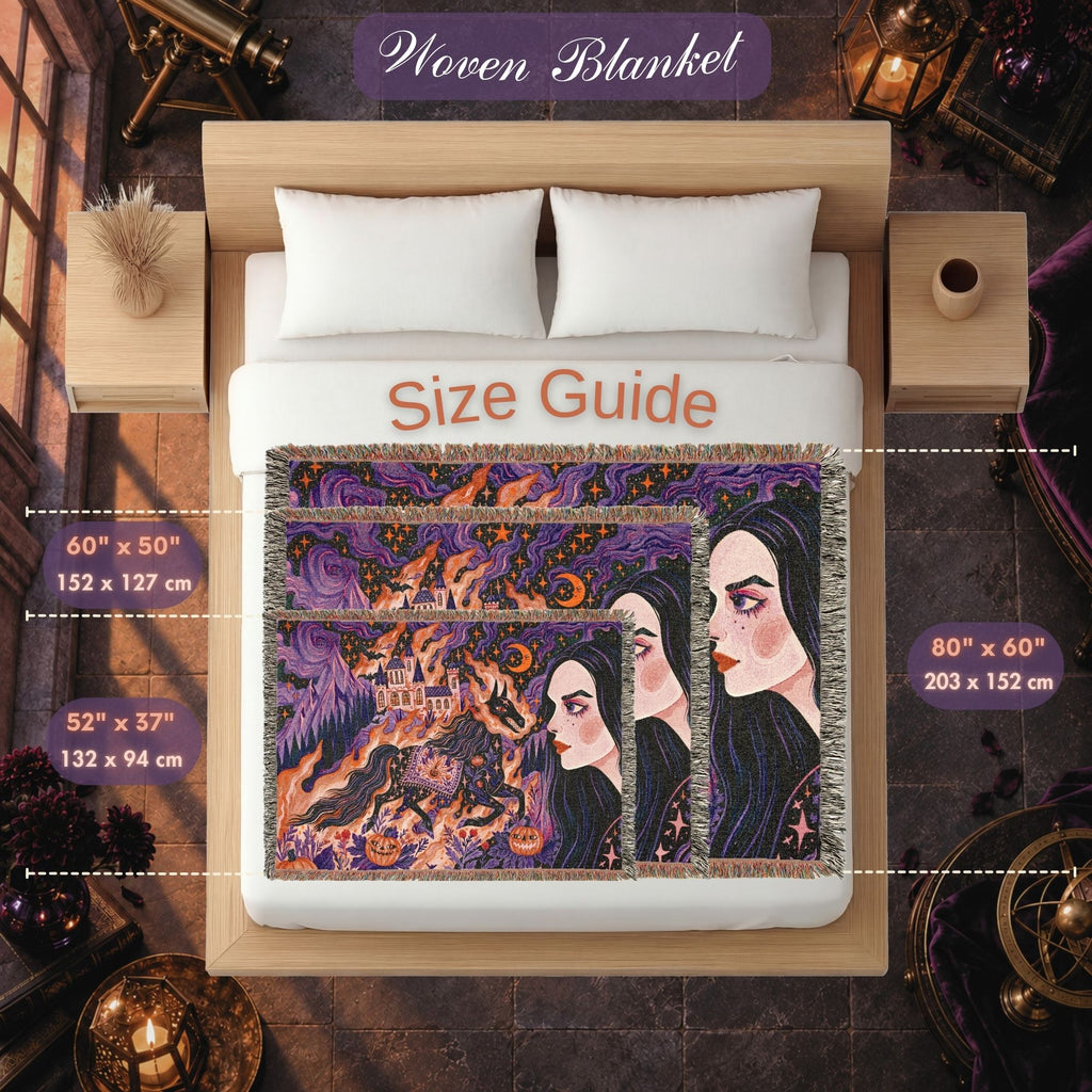 Gothic Witch Halloween Woven Blanket – Black Cats, Castle & Pumpkins