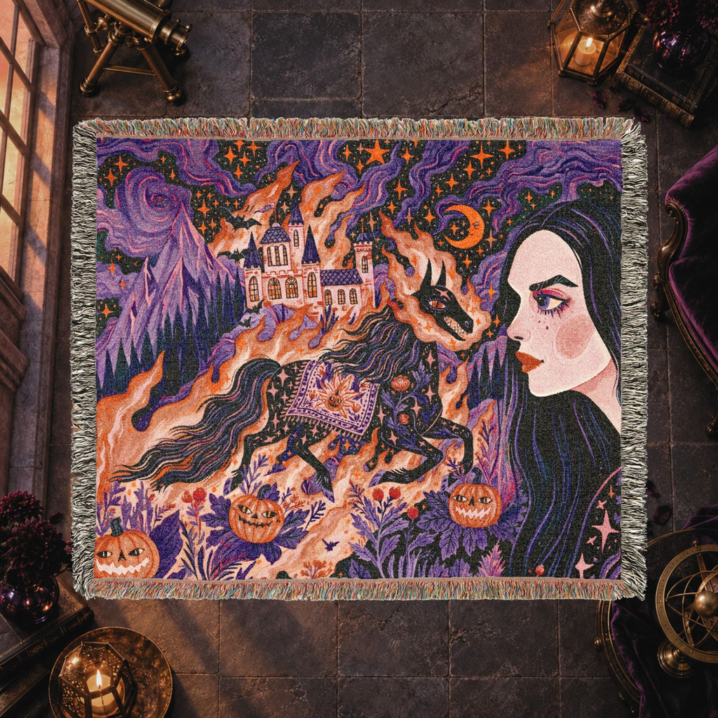 Gothic Witch Halloween Woven Blanket – Black Cats, Castle & Pumpkins