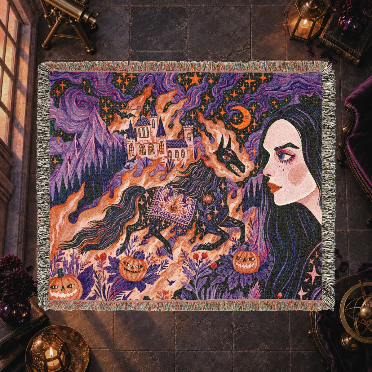 Gothic Witch Halloween Woven Blanket – Black Cats, Castle & Pumpkins