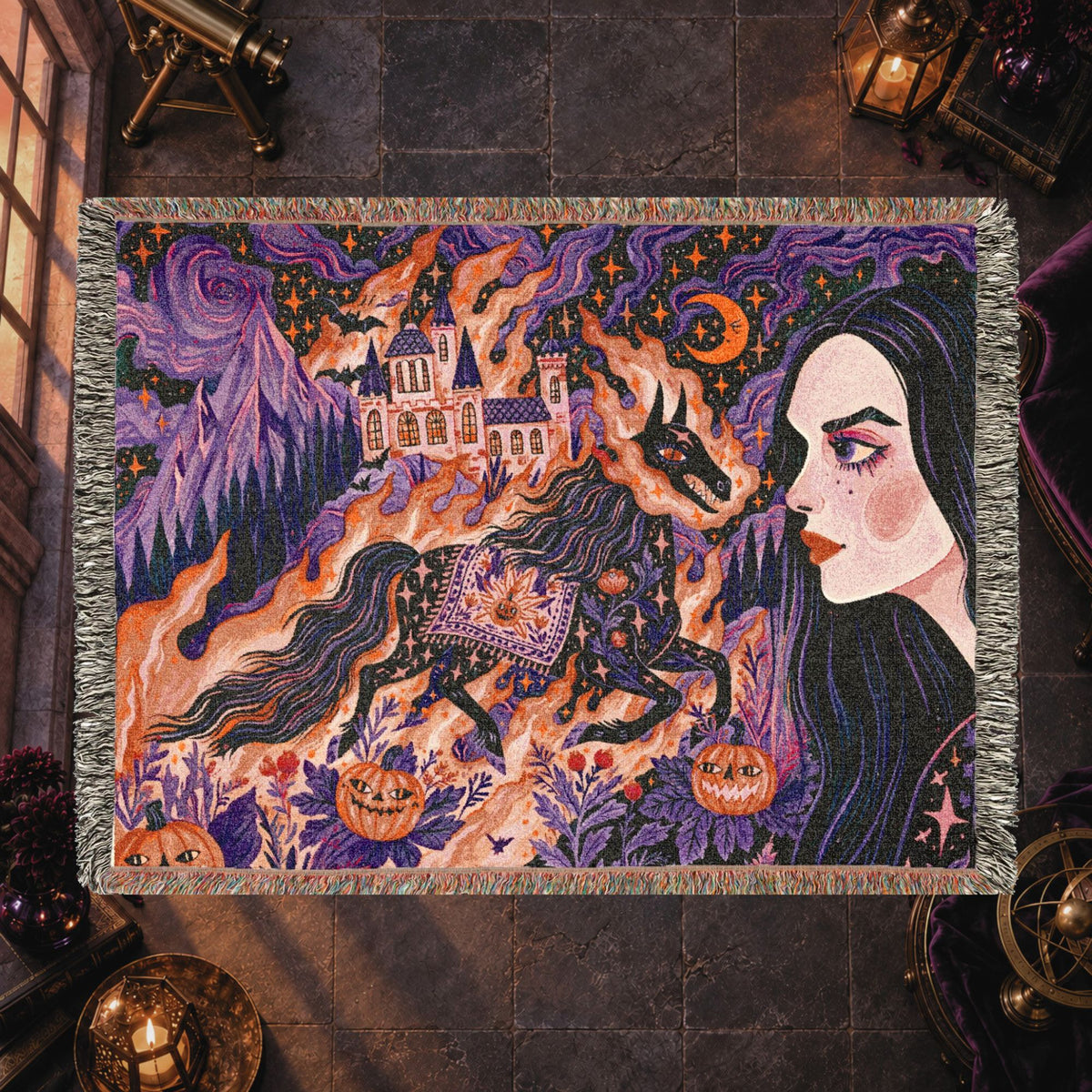 Gothic Witch Halloween Woven Blanket – Black Cats, Castle & Pumpkins