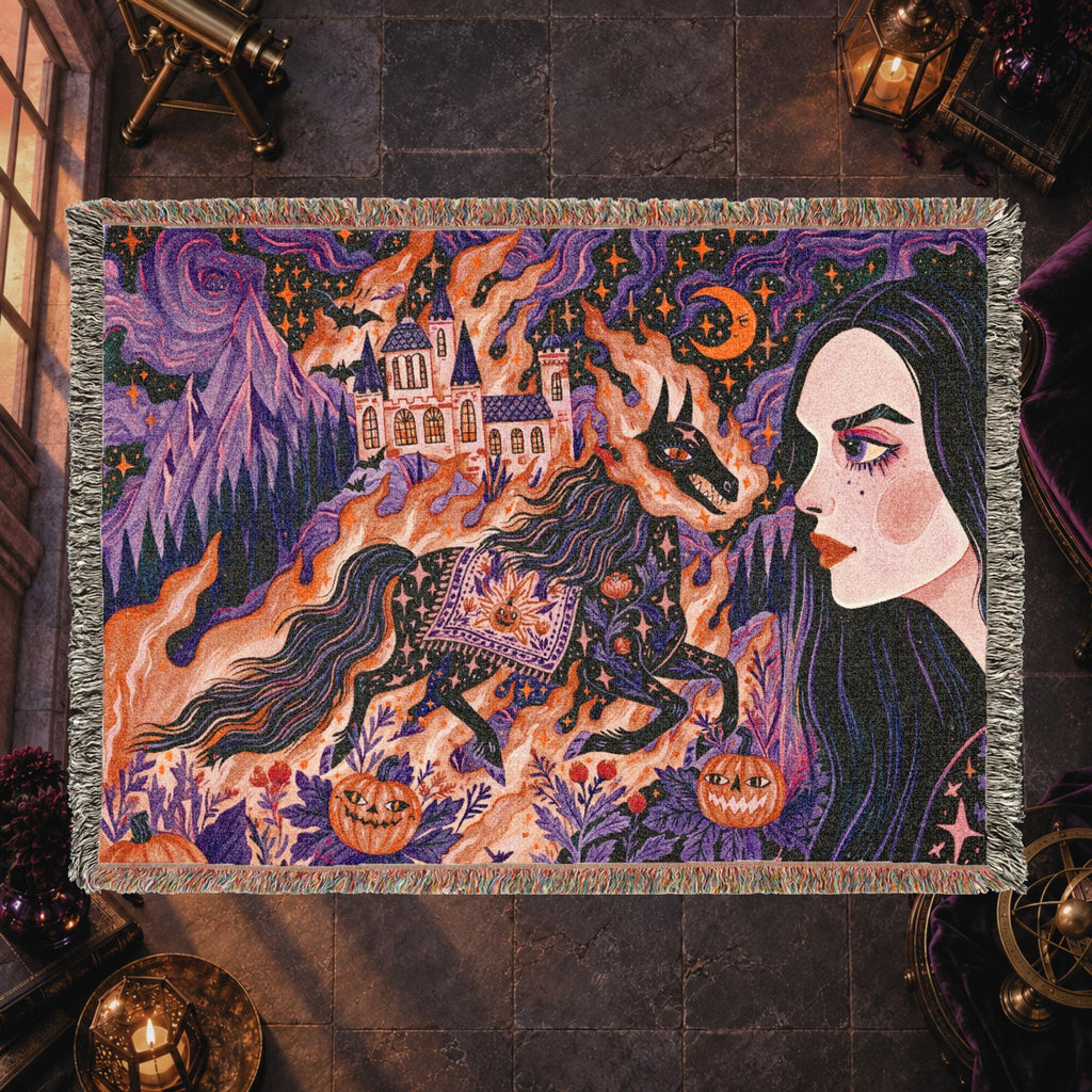 Gothic Witch Halloween Woven Blanket – Black Cats, Castle & Pumpkins