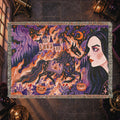 Gothic Witch Halloween Woven Blanket – Black Cats, Castle & Pumpkins