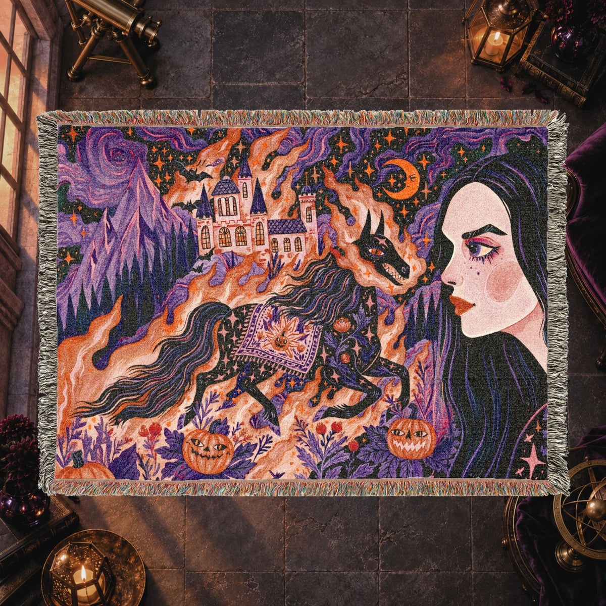 Gothic Witch Halloween Woven Blanket – Black Cats, Castle & Pumpkins