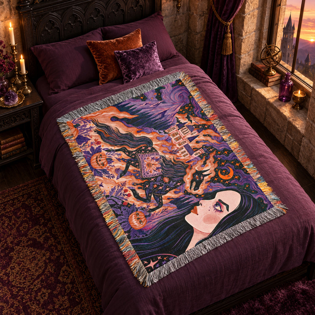 Gothic Witch Halloween Woven Blanket – Black Cats, Castle & Pumpkins