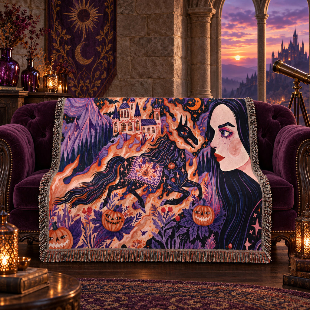 Gothic Witch Halloween Woven Blanket – Black Cats, Castle & Pumpkins