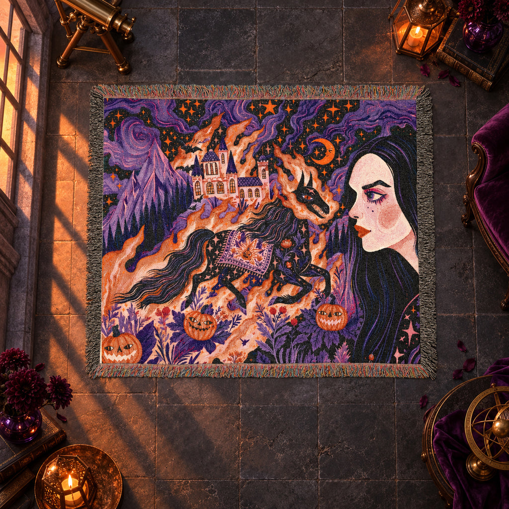 Gothic Witch Halloween Woven Blanket – Black Cats, Castle & Pumpkins