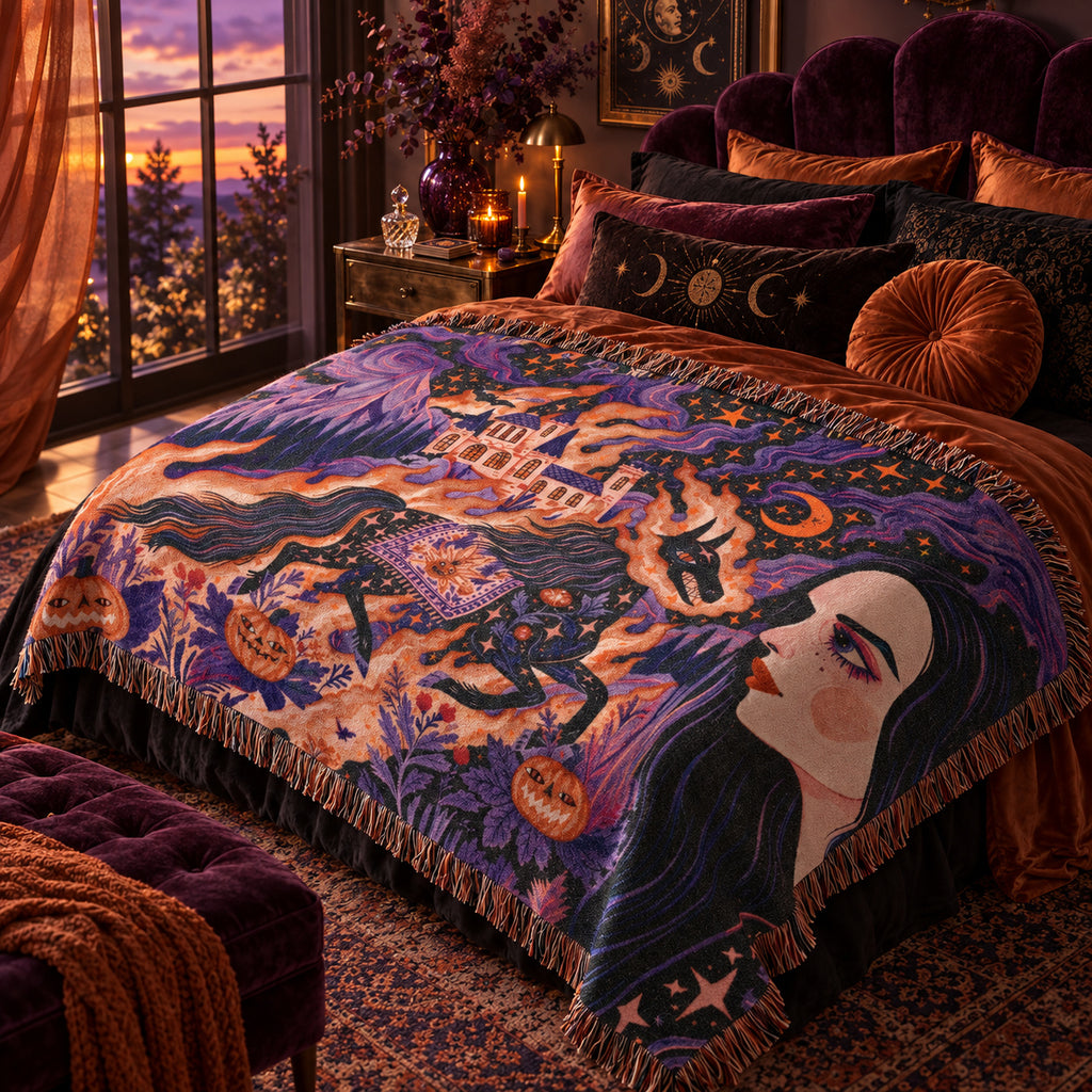 Gothic Witch Halloween Woven Blanket – Black Cats, Castle & Pumpkins