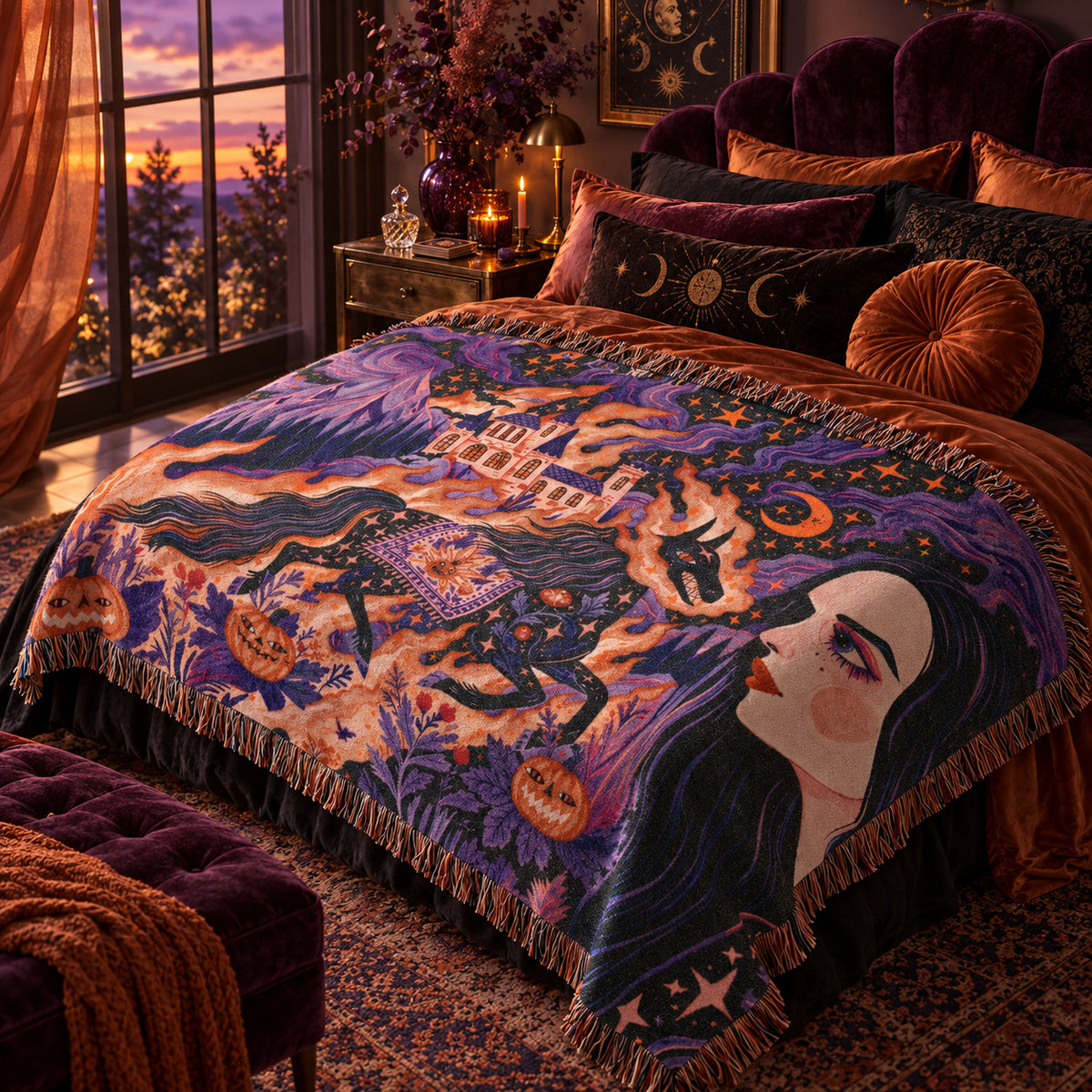 Gothic Witch Halloween Woven Blanket – Black Cats, Castle & Pumpkins
