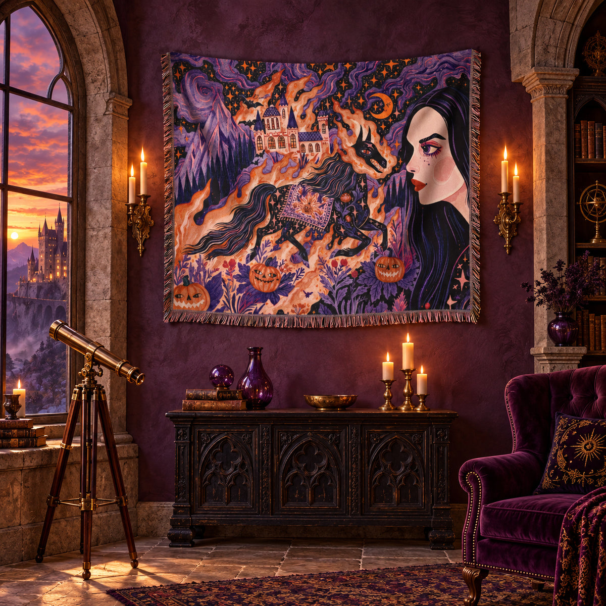 Gothic Witch Halloween Woven Blanket – Black Cats, Castle & Pumpkins