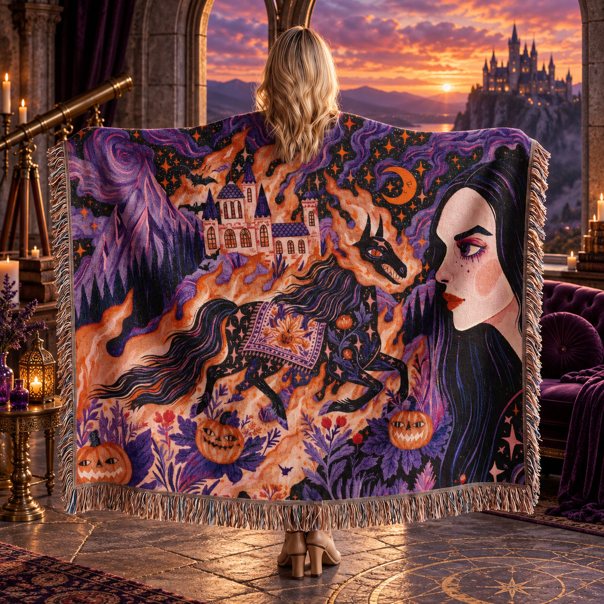 Gothic Witch Halloween Woven Blanket – Black Cats, Castle & Pumpkins