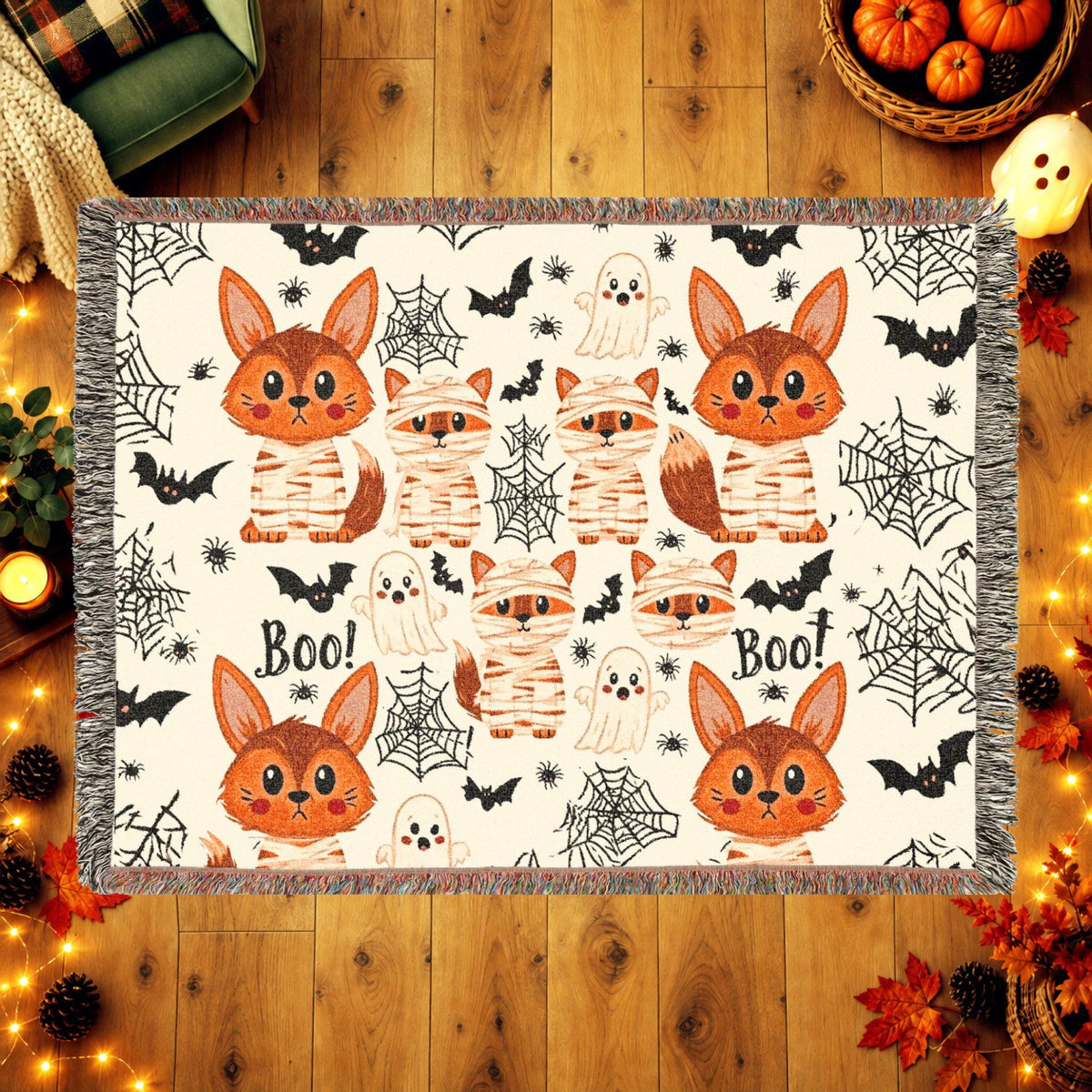 Cute Halloween Fox Woven Blanket – Mummies, Ghosts & Bats