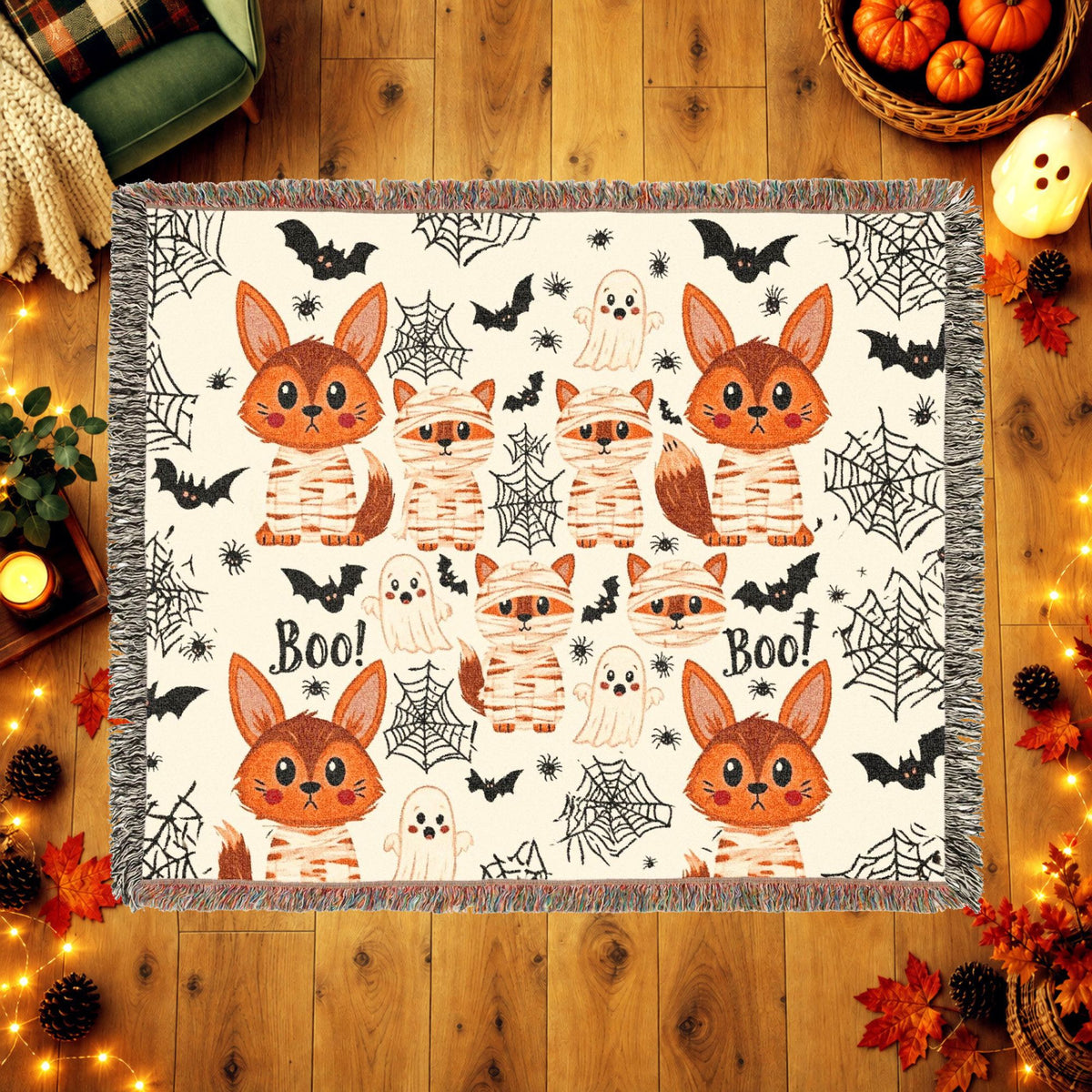 Cute Halloween Fox Woven Blanket – Mummies, Ghosts & Bats