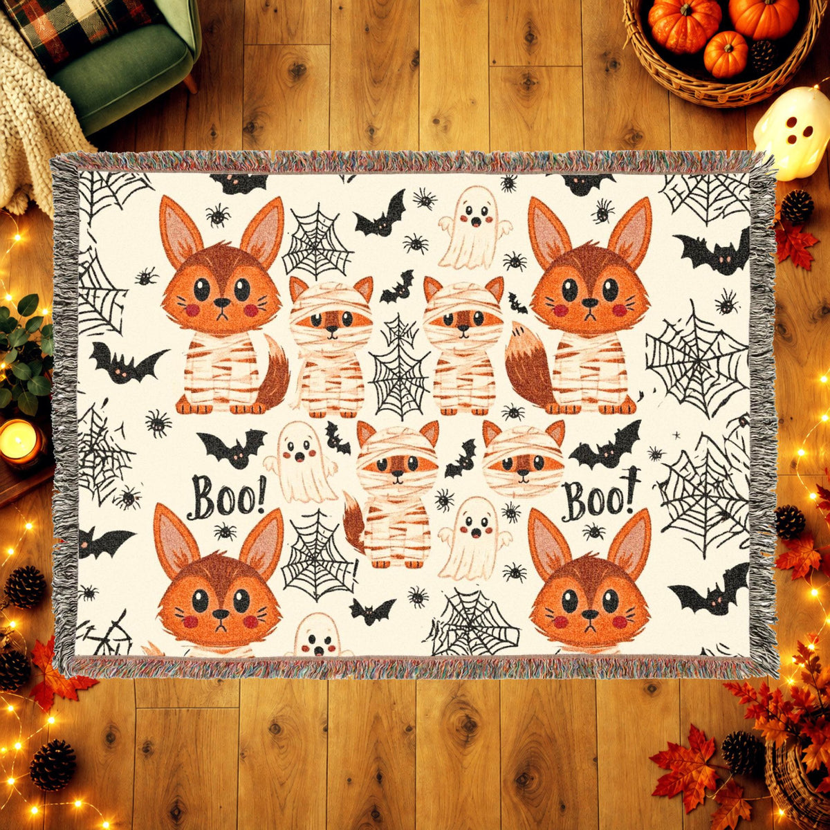 Cute Halloween Fox Woven Blanket – Mummies, Ghosts & Bats