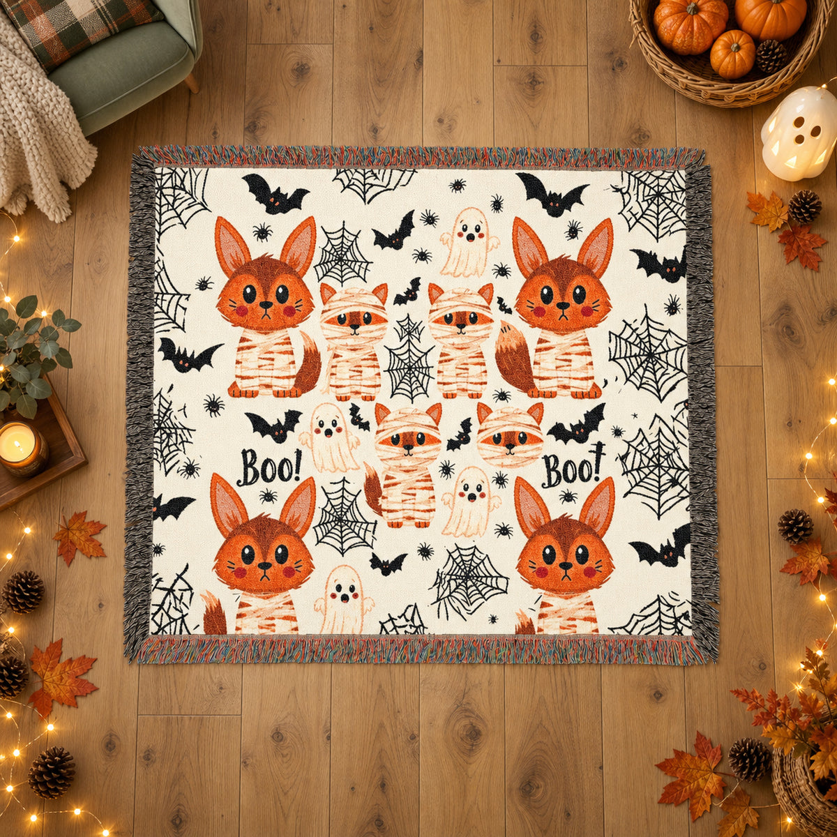 Cute Halloween Fox Woven Blanket – Mummies, Ghosts & Bats