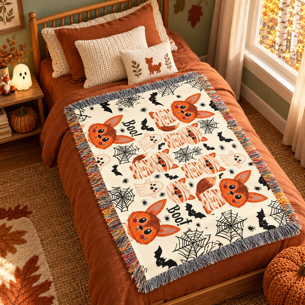 Cute Halloween Fox Woven Blanket – Mummies, Ghosts & Bats
