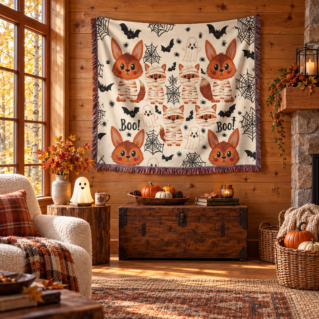 Cute Halloween Fox Woven Blanket – Mummies, Ghosts & Bats